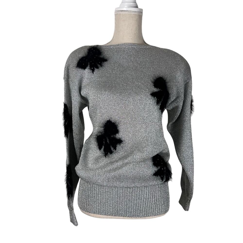 Vintage Smith St. John Metallic Lurex Holiday Sweater Bow Pearl Glam M - Picture 1 of 10